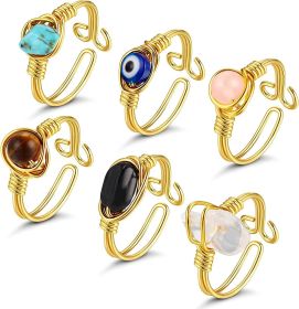 6 PCS Healing Crystal Ring for Women Irregular Crystal Gold Wire Wrapped Ring Gemstone Rose Quartz Amethyst Tiger Eyes Adjustable Crysta Size 7-10