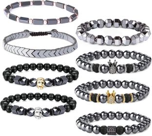 8Pcs Hematite Stone Bracelet for Men Women Energy Magnetic Therapy Anklet Stretchable Healthcare Weight Loss Reiki Healing Bangle Bracelets Sets