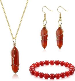 Carnelian Crystal Necklace Set for Women Red Purple Healing Crystal Pendant Necklace Crystal Bracelet Carnelian Earrings Spiritual Healing Crystal Jew