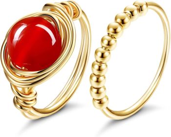 2PCS Carnelian Crystal Ring Beads Fidget Spinner Ring Set for Women Golden Wire Wrap Healing Crystal Ring Beaded Anxiety Relief Rings Set Size 9