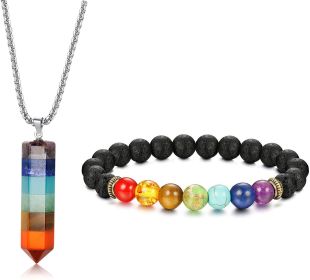 7 Chakra Gemstone Healing Pendant Necklace for Men Women 8mm Lava Rock Natural Stone Chakra Diffuser Bracelets Yoga Beads Bracelet