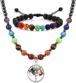 Women Men's 7 Chakra Necklace Bracelet Set Healing Crystal Energy Lava Stone Beads Yoga Meditation Pendant Necklace Bracelet Jewelry