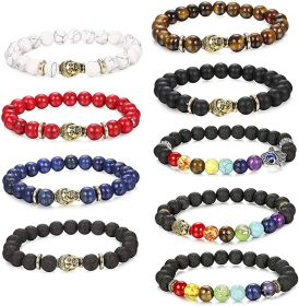 9Pcs Mens Beaded Bracelets Lava Rock Stone Beads for Women 8mm 7 Chakra Tiger Eye Stone Elastic Bracelets Anxiety Stress Relief Bracelets Aromatherapy